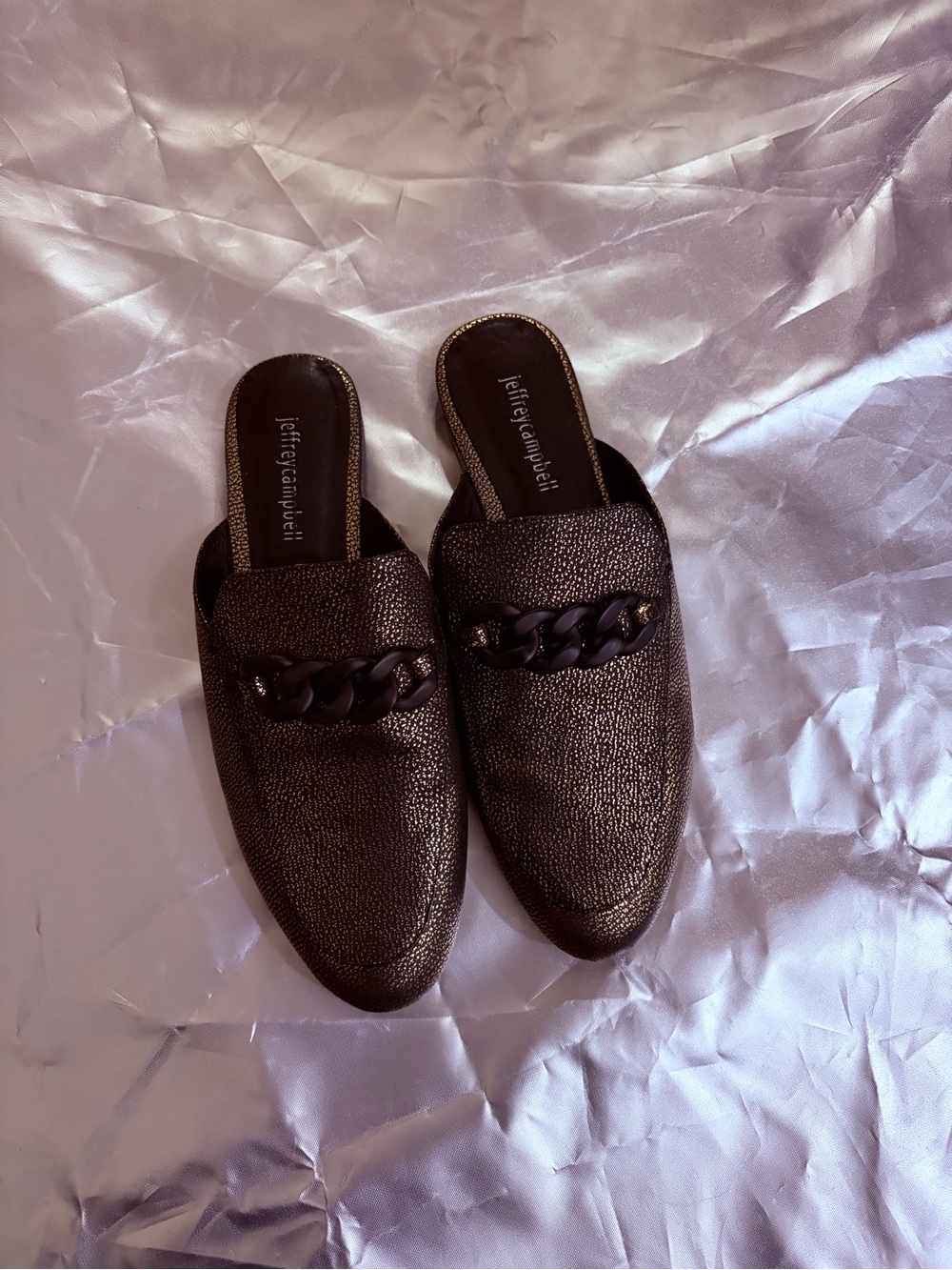Jeffrey Campbell Bronze Metallic Chain-Trim Slip-On Mules